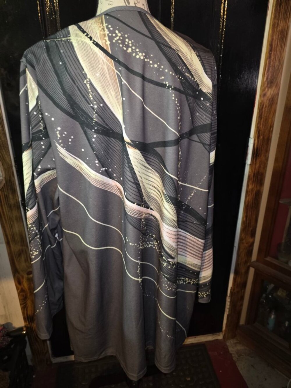 Abstract Print Open Front Cardigan Coat Lightweight XL Polyester Gray & Beige